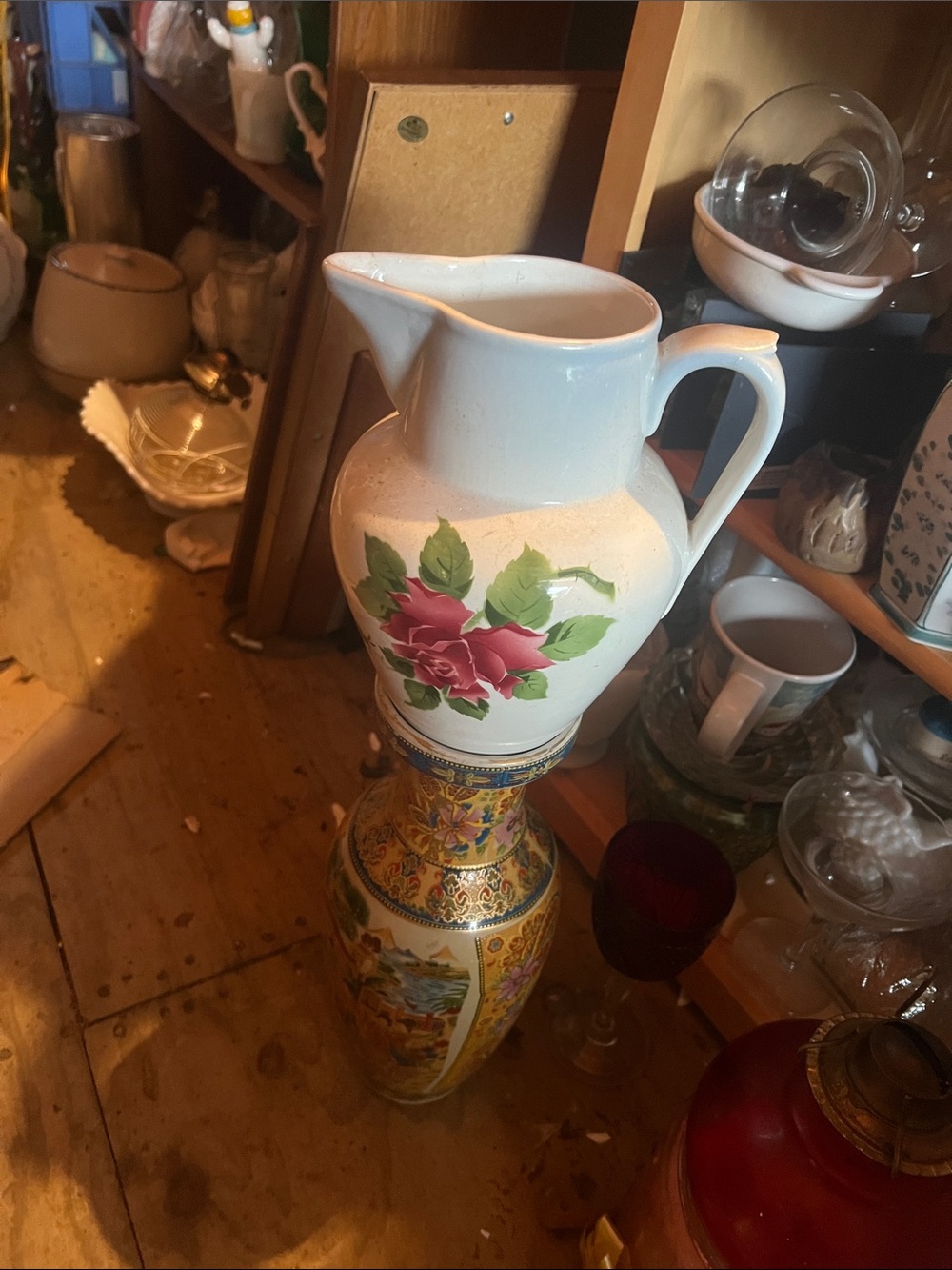 White Ceramic Pitcher with Pink Rose Motif